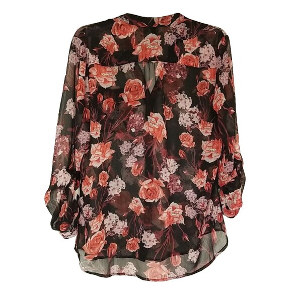 Kut from the Kloth Top Womens Medium Black Red Floral Sheer Long Sleeve      T40 - Picture 3 of 5